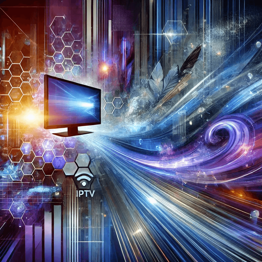 Abstract digital swirl background with a glowing TV screen in the foreground